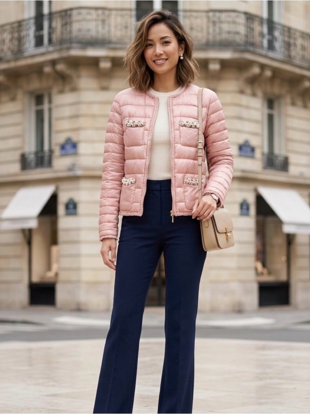 Twin Set-Simona Barbieri Blush Pink Puffer Jacket W/Bead Embellishment - Sz L